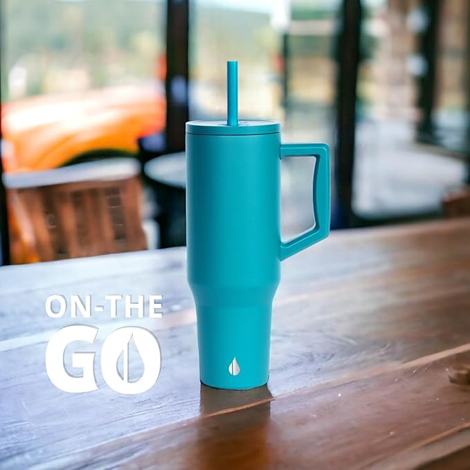 Elemental 40 oz Tumbler with Handle and Straw - Spill Proof Insulated Stainless Steel Commuter for Hot and Cold Beverages - Travel Coffee Mug with 2 Straws & Spill Proof Lid - 40oz - Teal - Bloomnest