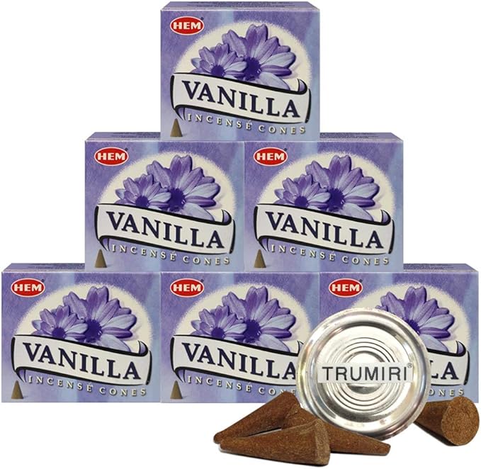 TRUMIRI Incense Cone Holder Bundle with Hem Vanilla Incense Cones - Pack of 6 (Approx 60 Cones) TRUMIRI