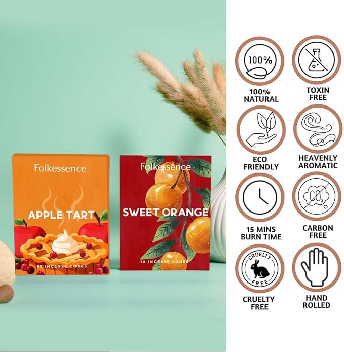 Folkulture Incense Cones for Waterfall | 20 Pc Incense Cone Scented | 2 Fragrance Cone-Insenses - Sweet Orange & Apple Tart| Natural, Non Toxic | Christmas Inscents-Cones | Relaxing, Meditation