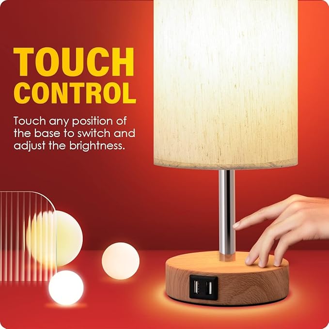 Yarra-Decor Bedside Table Lamp with USB Port - Touch Control for Bedroom Wood 3 Way Dimmable Nightstand Lamp with Round Flaxen Fabric Shade for Living Room, Dorm, Home Office (LED Bulb Included) - Bloomnest