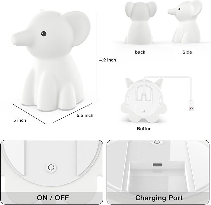 Cute Elephant Night Light for Kids, Adorable Room Decor for Boys Girls Birthday/Christmas Gifts, 5 Color, USB Rechargeable Silicone Night Lamp, Animal Lamp Gift, Safe Nursery Light for Toddlers - Bloomnest