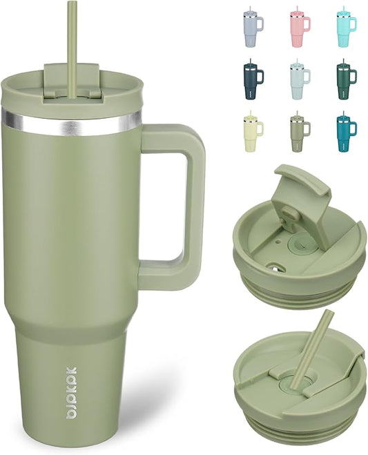 BJPKPK 40 oz Insulated Tumbler With Lid And Straw Stainless Steel Tumblers Cup With Handle For Women And Men,Sage