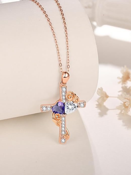 Rose Gold Dual Birthstones Cross Necklace for Women Rose Flower Jewelry Anniversary Christmas Mother's Valentine's Day Birthday Gift for Wife Girlfriend Mom - Bloomnest
