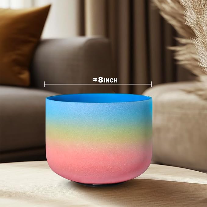 CVNC 440HZ 8 Inch Rainbow Colored G Note Throat Chakra Frosted Quartz Crystal Singing Bowl for Sound Healing and Meditation - Bloomnest
