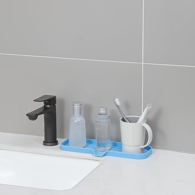 Silicone Bathroom Soap Dishes with Drain Spout-Bathroom and Kitchen Sink Organizer,Sponge Holder,Dish Soap Tray,Perfect for Dispenser,Scrubber,Bottle on Sink or Counter-Light Blue 12"×4" - Bloomnest
