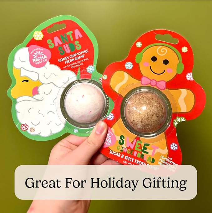 PACHA SOAP Co. Holiday Bath Bomb Card 4 Pack, Variety - Scents of Chamomile, Lavender, Strawberry, & Spice - Moisturizing, Naturally Derived & Handcrafted in The USA - Bloomnest