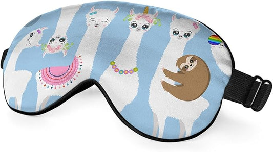 White Llamas Sleep Mask Eye Mask Alpaca Sloth Rainbow Glasses Llamas Cute Flowers Blue Sleep Mask Light Blocking Adjustable Smooth Soft Eye Masks for Women Deep Rest Travel - Bloomnest