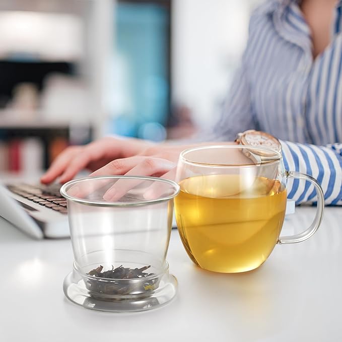 Lezero Glass Tea Cups with Infuser and Lid Kit, Heat Resistance Teacup with Filter for Brewing Blooming & Loose Leaf-Tea, Lead-free, Microwave & Dishwasher Safe, 17oz - Bloomnest