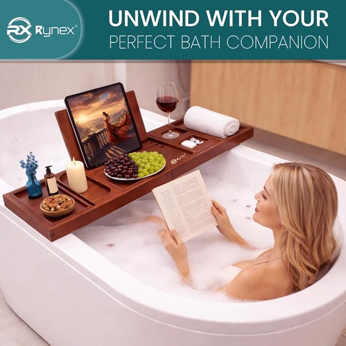 Bathtub Tray & Bath Tray for Tub – Expandable Bamboo Bath tub Tray, Bathtub Caddy, Adjustable Foldable Waterproof Bath Trays for tub with Phone, Wine Glass, Book & Tab Holder (Free Soap Dish) - Bloomnest