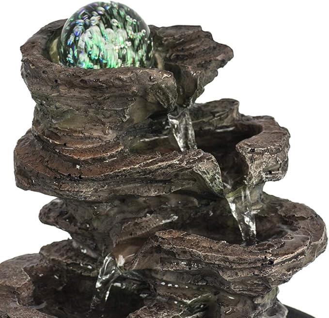 Ferrisland Tabletop Rock - Stacked Waterfall Fountain with LED - Lit Crystal Ball, Ideal for Office & Home Decor(Brown Gray) - Bloomnest