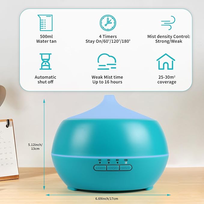 HAPPTWS 500ML Essential Oil Diffuser - BPA Free Ultrasonic Aromatherapy Diffuser, with 7-Color Lights Waterless Auto Shut Off for Home、Room、pet Room - Blue HAPPTWS
