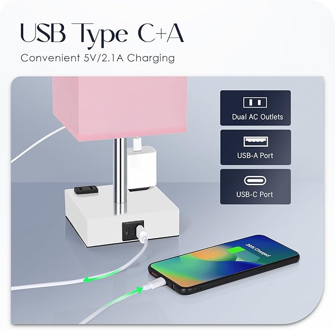 Bedside Lamp with USB Ports - Touch Control Table Lamp for Bedroom with USB C+A Charging Ports & AC Outlets, 3 Way Dimmable Nightstand Light with White Base for Living Room (LED Bulb Included, Pink) - Bloomnest
