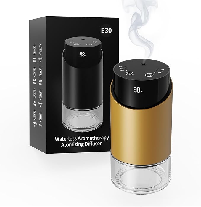 Waterless Essential Oil Diffuser Aromatherapy Scent Diffusers for Home Large Room, Car, Office, Desk, Mini Battery Operated Cordless Air Freshener, 4 Timers & 3 Mist Levels, 100ml Capacity (Golden) - Bloomnest