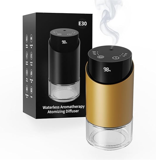 Waterless Essential Oil Diffuser Aromatherapy Scent Diffusers for Home Large Room, Car, Office, Desk, Mini Battery Operated Cordless Air Freshener, 4 Timers & 3 Mist Levels, 100ml Capacity (Golden) - Bloomnest