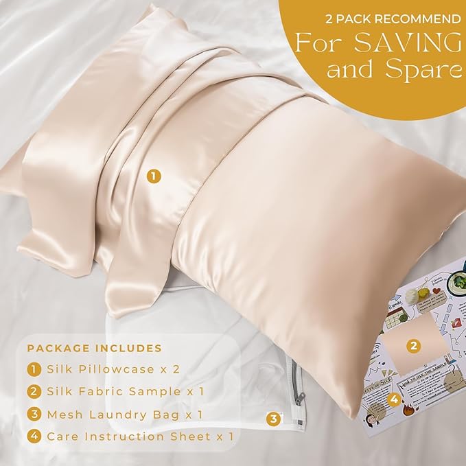 PROMEED 23 Momme Silk Pillowcase 2 Pack Toddler/Travel Size with Free Laundry Bag, Highest Grade 6A+ 100% Mulberry Silk Pillow Case Set of 2, Zipper (Toddler/Travel 13"x18", Champagne) - Bloomnest