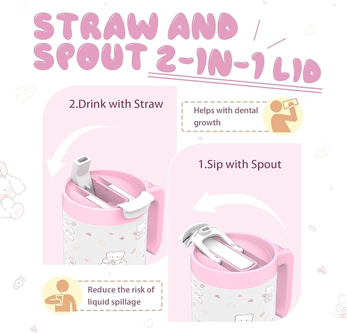 22 oz Tumbler with Handle for Kids, Easy to Hold, Spill-proof, Insulated Cups with Sip/Swig 2-in-1 Lid, Fit Most Car Cup Holders,School, Home,travel,Pink Rabbit - Bloomnest