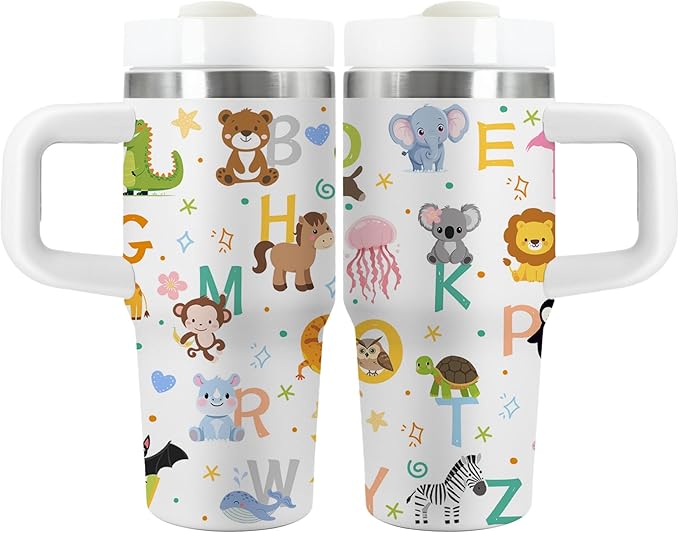 14 oz Kids Animal Alphabet Tumbler with with Handle Straw Lid, Stainless Steel Insulated Water Tumbler, Abc Letters Stuff, for Sports, School, Travel - Back to School Children Birthday Gifts Cups(1pc) - Bloomnest