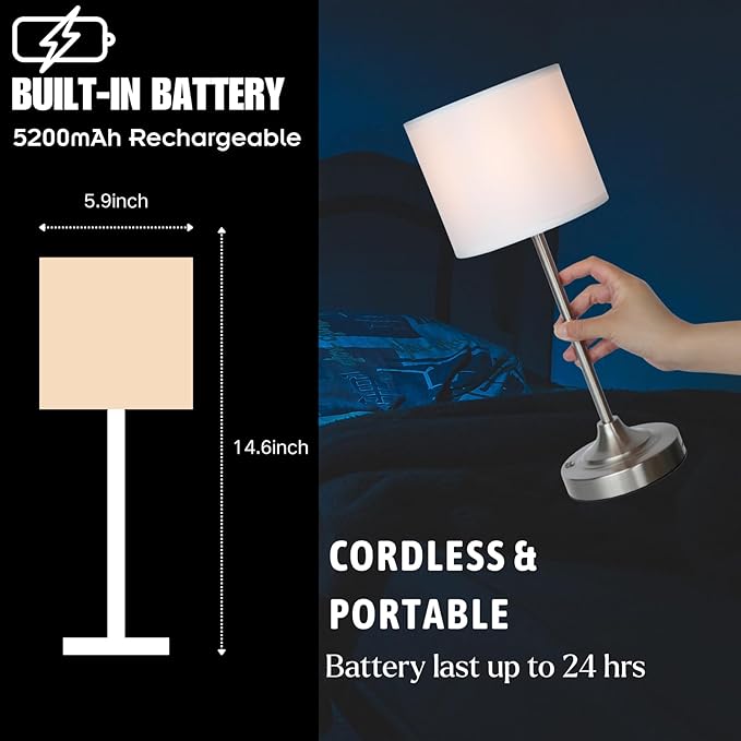 Portable Cordless Table Lamp,Built-in 5200mAH Rechargeable Battery, Dimmable Touch Wireless Light, Bed Side Metal Desk Lamp，Restaurant/Bedroom/Bar/Coffee/Night Light (Brushed Nickel) - Bloomnest
