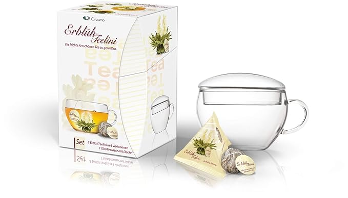Creano Tea Gift Set Blooming Tea in Cup Size - 8 pcs Flowering White Tea with Glass Tea Cup - 7oz (200ml) - Bloomnest
