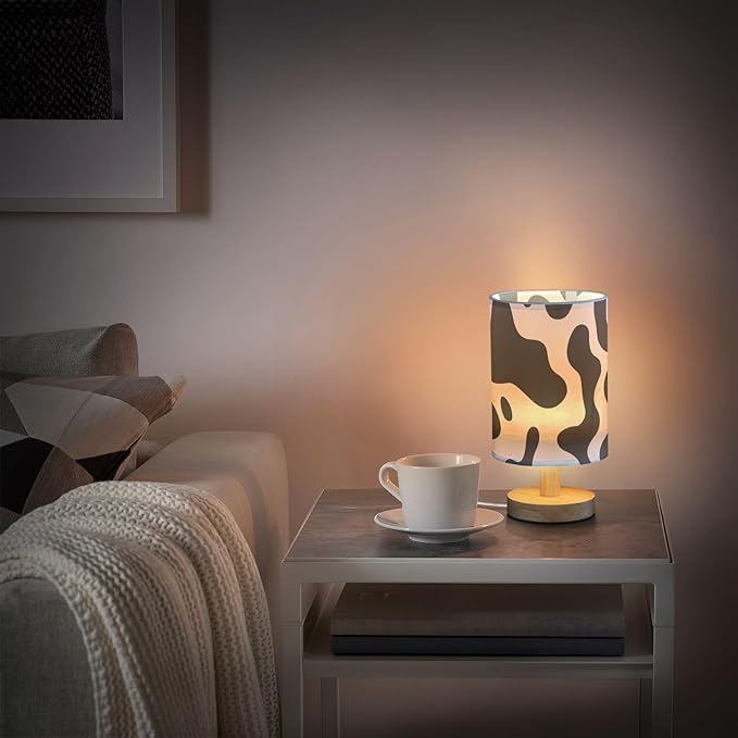 Bedside Lamp Black White Cow Print Table Lamp with USB Port Wood Base for Living Room,Bedroom,Nightstand,Office 202a3295 - Bloomnest