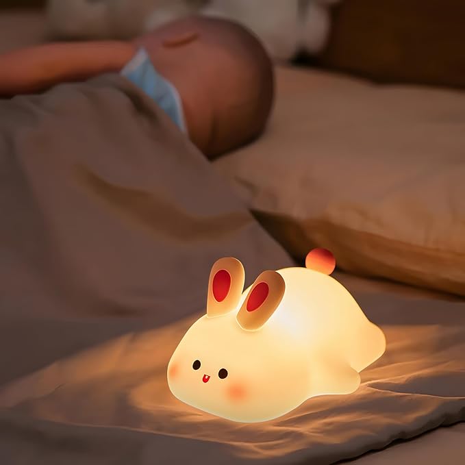 Cute Rabbit Night Light,Squishy Animal Nightlamp,Rechargerable Dimmable Nursery Bunny Lamp Soft Silicone Table Bedroom Lamp Portable Adjustable Lighting Bedroom Bedside Gift - Bloomnest
