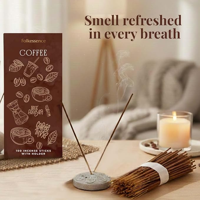 Folkulture Incense Sticks with Holder (100 Sticks)| Premium Coffee Incents Stick for Focus, Energy, Relaxation Gifts for Women | No Charcoal,Organic,Non Toxic, 45 Mins, Long Burning Insence-Sticks FOLKULTURE