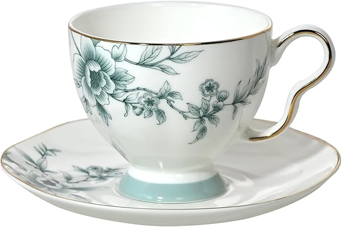 ACMLIFE Bone China Tea Cups and Saucers for 1, 6.8 oz Teacup Set for Adults, with Gold Trim and Gift Box, Blue and White Chinese English British Wedding Tea Set for One Coffee Cup Set (Blue-Leaf) - Bloomnest