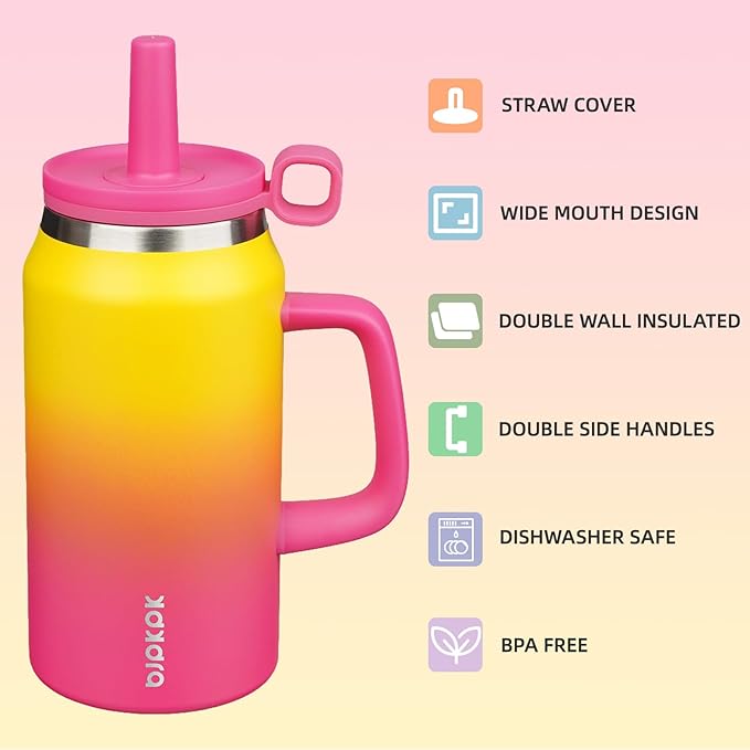 BJPKPK 50oz Insulated Tumbler with Handle Stainless Steel Travel Coffee Mug with Lid Reusable Large Water Bottle with Straw,Rainbow - Bloomnest