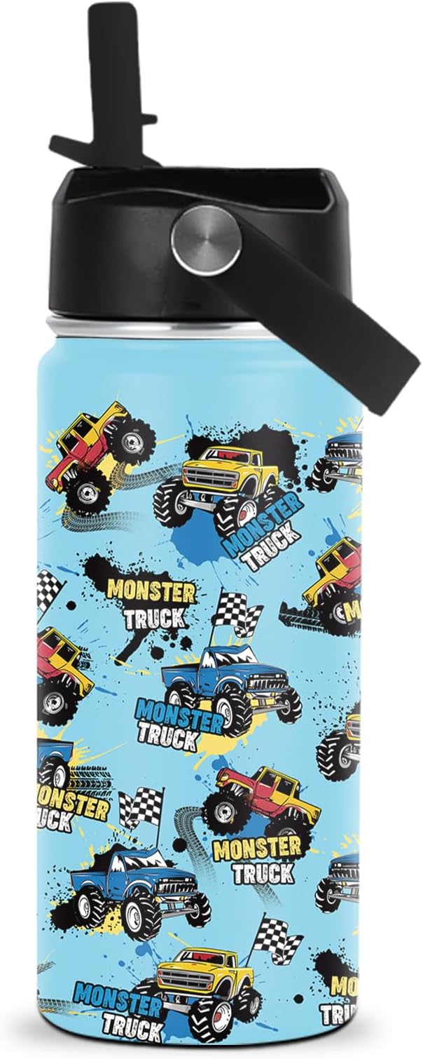 Monster Truck Boys Water Bottle, 16oz Kids Stainless Steel Insulated Water Bottle with Straw Lid, Monster Truck Cup Tumbler Gifts for School - Bloomnest