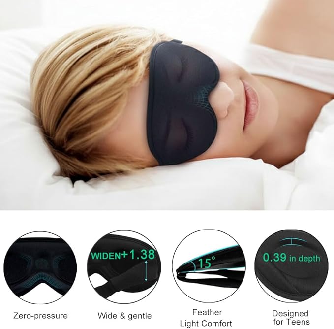 3D Sleep Mask for Kids & Teens (8-18 Years), Zero Pressure & Blackout Eye Cover - Soft Breathable, Adjustable for Travel, Night Use & Deep Sleep - Bloomnest