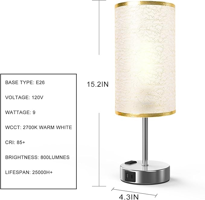 Table Lamp for Bedroom with Touch Control,Bedside Lamp with USB C+A Charging Ports& AC Outlets, Adjustable 3color LED Light for Home Decor/Nightstand/Bedroom/Office,Included Bulb and Fabric Lamp Shade - Bloomnest