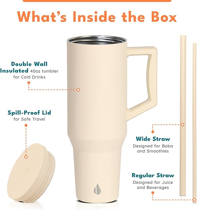 Elemental 40 oz Tumbler with Handle and Straw - Spill Proof Insulated Stainless Steel Commuter for Hot and Cold Beverages - Travel Coffee Mug with 2 Straws & Spill Proof Lid - 40oz - Beige - Bloomnest