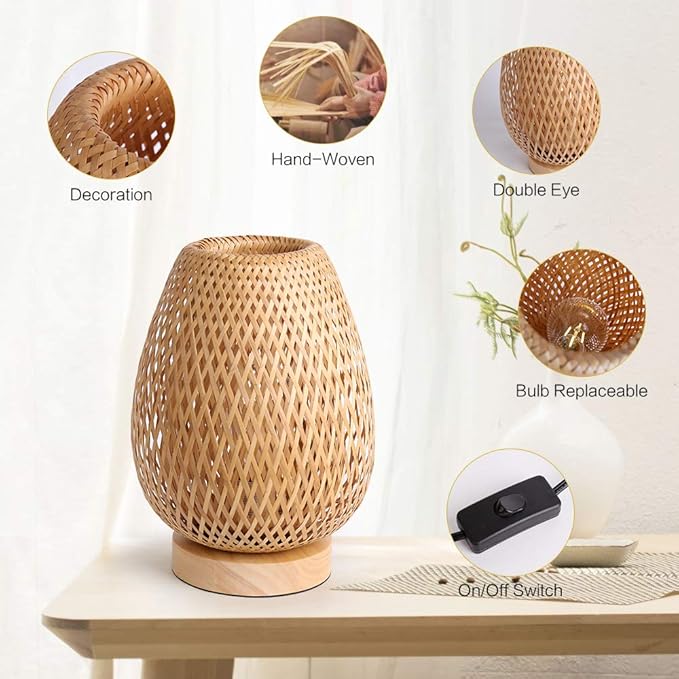 Bamboo Weaving Table Lamp with Handmade Natural Wooden Base, Eye-Caring Bedroom Bedside Night Light, Retro Desk Lamp Reading Light Home Decor, Unique Handicraft House Warmging Gift - Bloomnest