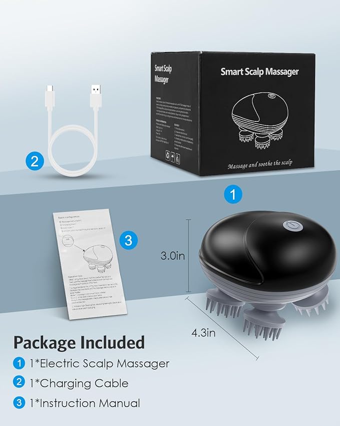 AMIR Electric Scalp Massager, Portable Head Scratcher with 96 Kneading Nodes, Handheld for Stress Relief and Pain Relief, Ideal Valentine‘s Day Gift for Her/Him (Black) AMIR
