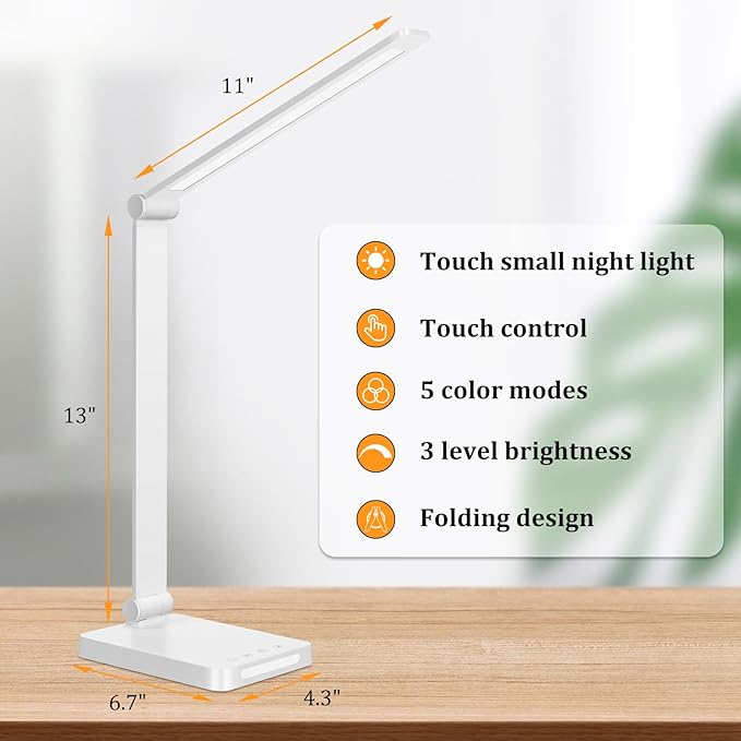 Dott Arts LED Desk Lamp with USB Ports, Touch Control, 5 Color Modes, 3 Brightness Levels, Foldable Design, White - Bloomnest