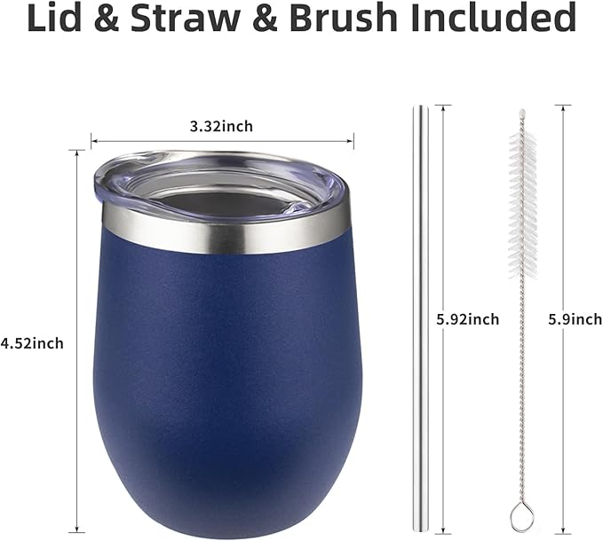 12 oz Insulated Wine Tumbler with Lid and Straw,Stainless Steel Stemless Wine Tumbler Double Wall Vacuum Wine Cups Tumbler Bulk for Coffee,Champaign,Cocktail,Office(Black/White/Navy blue/Dark blue) - Bloomnest