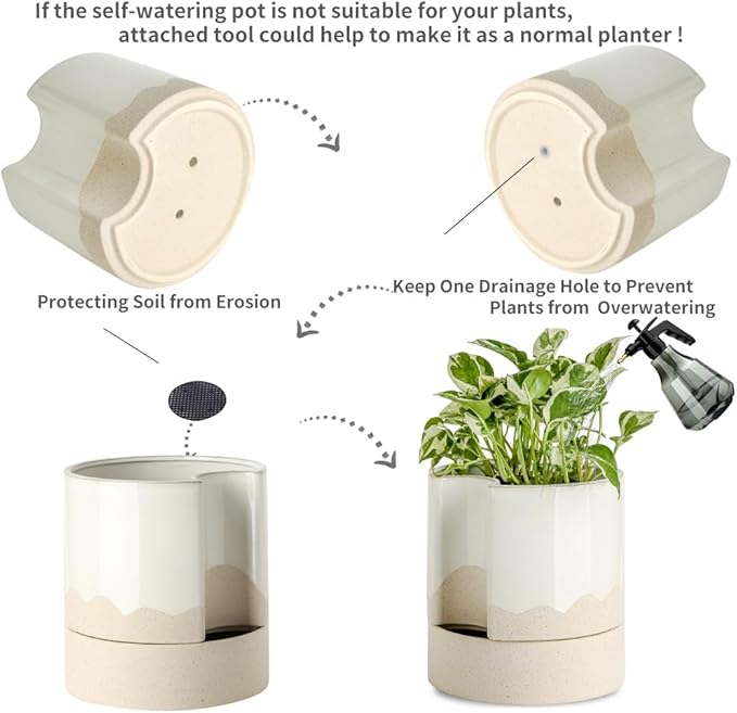 Nihow Self Watering Plant Pot: 8 Inch Ceramic Planter with Drainage Hole & Water Storage Plus for Indoor & Outdoor Plants - Cylinder Round Flower Pot for Succulent/Herbs/Violets - White & Wave Nature - Bloomnest