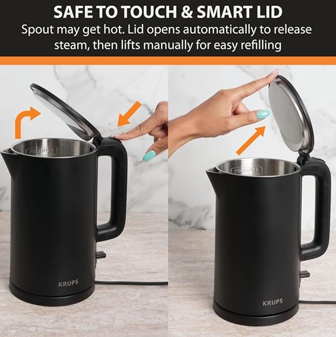 KRUPS 1.5L Electric Kettle Stainless Steel Cool Touch Interior, Fast Boiling, One Cup in 80 Seconds, Double Wall, Auto Off, Keep Warm, Hot Water Kettle Electric, Cordless, Black - Bloomnest