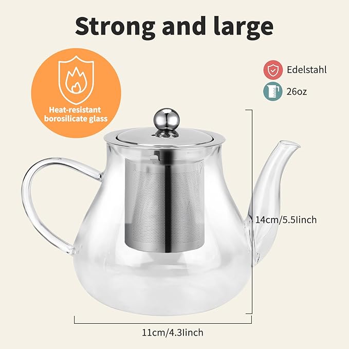 Glass Teapot 28oz/800ml with Removable Infuser, Borosilicate Clear Tea Kettle, Stovetop Safe Tea Kettle Blooming Loose Leaf Teapots, for Camping, Travel - Bloomnest