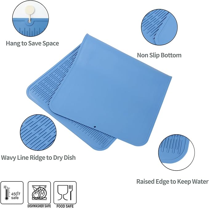 Silicone Dish Drying Mat for Multiple Usage,Easy clean,Eco-friendly,Heat-resistant Silicone Mat for Kitchen Counter or Sink,Refrigerator or Drawer Liner Lichen BlueL 5XL 36inches x 18inches - Bloomnest