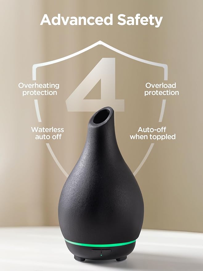 InnoGear Essential Oil Diffuser, 150ml Ceramic Diffuser Handcrafted Stone Aromatherapy Diffusers Ultrasonic Cool Mist Humidifier Vaporizer 2 Mist Modes Waterless for Home, Black Vase-Shaped Ceramic - Bloomnest