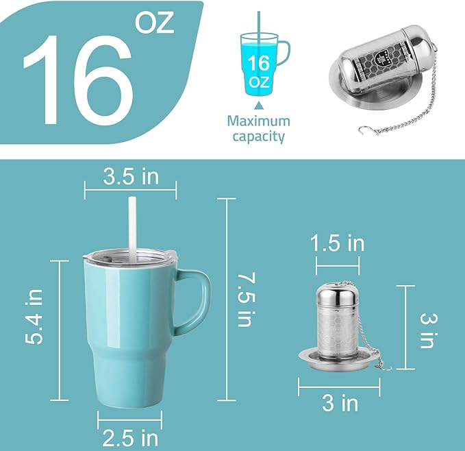 Sweejar Ceramic Travel Mug with Lid, 16 oz Portable Coffee Mug, Dishwasher Safe Tea Cup with Infuser, Reusable Teacup for Car Cup Holder, Tea Lovers(Turquoise) - Bloomnest
