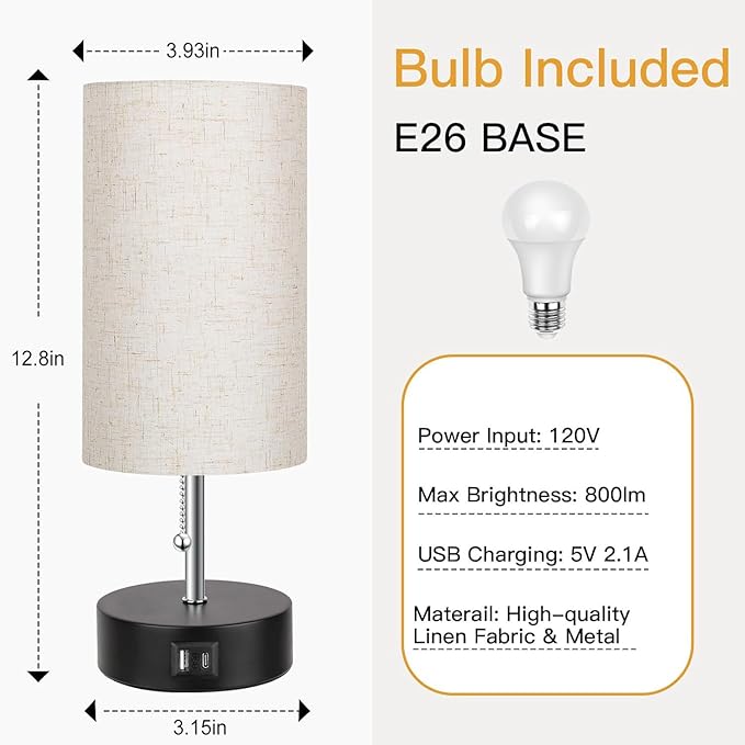 ROTTOGOON 3-Color Temperature Bedside Lamp Nightstand Lamp with USB A Port and C Port, Table Lamp for Bedroom with LED Bulb Small Lamps for Living Room (Otmeal) - Bloomnest