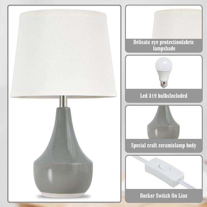 GyroVu Table Lamp Set of 2, 18.63” Ceramic Table Lamp Classic Beside Lamps Nightstand Lamp Modern Lamp for Living Room, Bedroom & Office Rocker Swtich Grey-LED Bulbs Included - Bloomnest