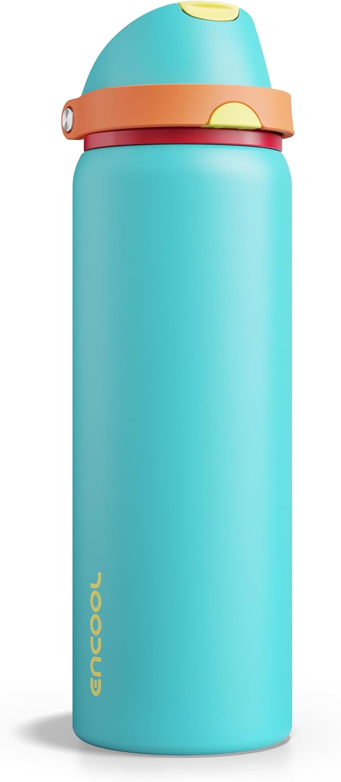 Insulated Water Bottle with Straw - Encool Stainless Steel Water Bottle with Push Button Lid, Leak-Proof & BPA-Free, Keeps Cold for 24 Hours for Sports, Travel, Gym (32 oz, Cerulean Blue) ENCOOL