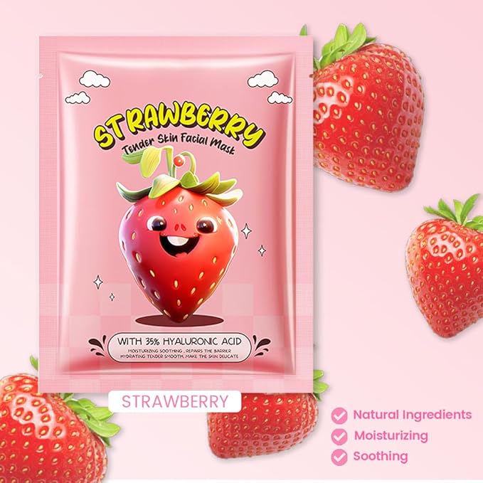8 Pack Strawberry Kids Face Mask,Pink Face Masks Skincare Spa Day Kit Supplies,Spa Party Favors for Teens Girls Women,Sheet Facial Mask Skincare Gifts Set,Moisturize Soothe for All Skin Types - Bloomnest