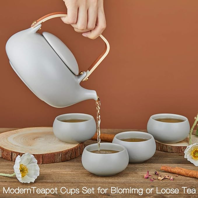 ZENS Vintage Japanese Tea Set, 27oz Ceramic Japanese Teapot with Infuser, Wood Handle Matte Gray Teapot with Strainers and 4 Cups for Tea Party, Women's Gift - Bloomnest
