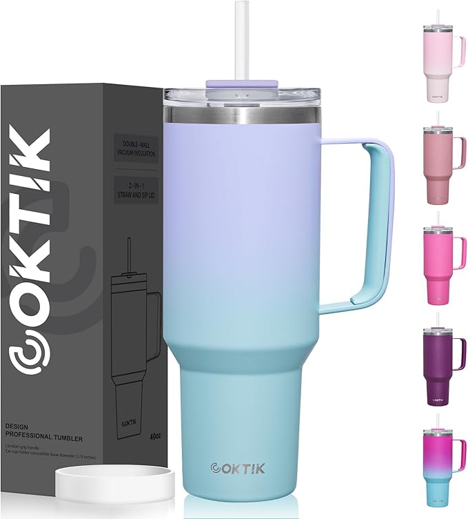 COKTIK 40 oz Tumbler With Handle and Straw Lid, Vacuum Insulated Travel Coffee Mug Stainless Steel Insulated Cup for Beverages, Leak-proof, Cupholder Friendly (Sweet Candy) - Bloomnest
