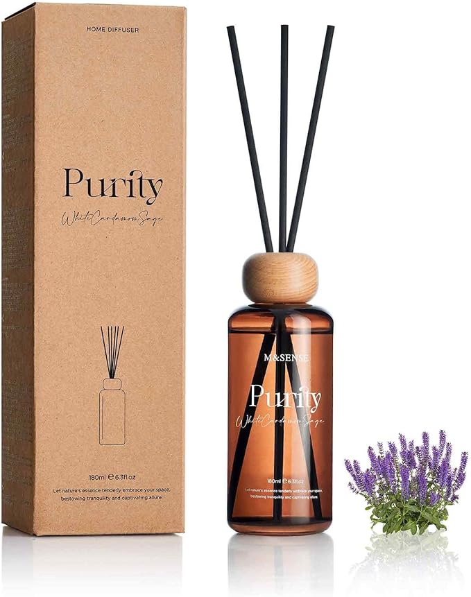 M&SENSE Reed Diffuser Set, White Cardamom Sage Scented 6.3 fl oz Natural Essential Oil Diffusers with Sticks, Non-Toxic Organic Air Freshener, Long-Lasting Fragrance Oils for Home Bathroom Kitchen MSENSE