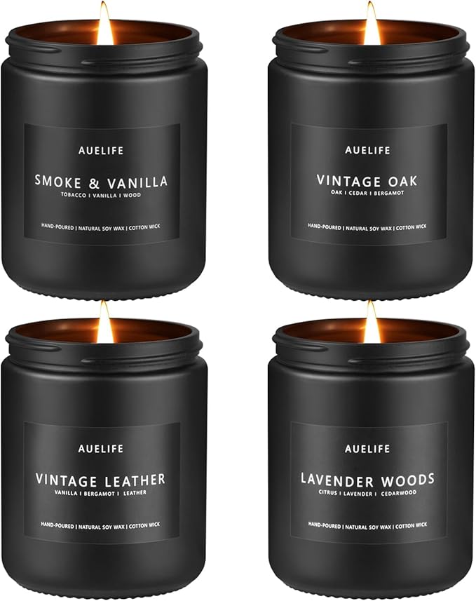 Scented Candles Set | Men Candle Set, Scented Candles for Home, Gifts for Men Aromatherapy Gift Set - 4 Pack Manly Gifts for Dad Fathers Day, Soy Candle of Leather/Smoke & Vanilla/Oak/Lavender - Bloomnest